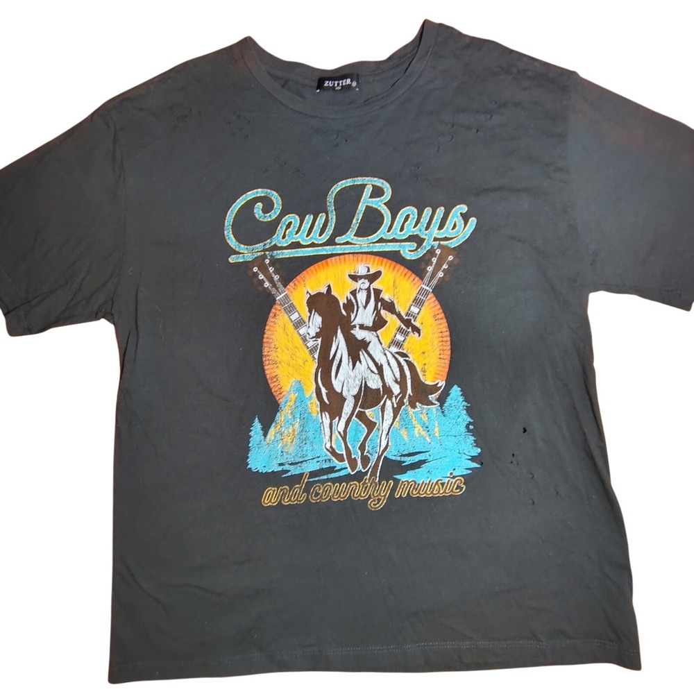 ZUTTER Cowboys Country Music Graphic T Shirt Distressed Holes Gray Mens M